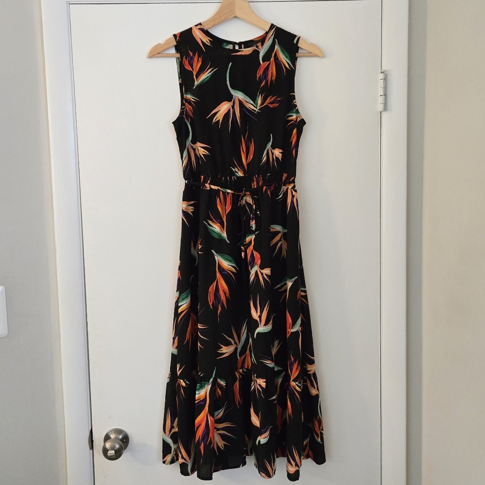 Mossimo Bird Of Paradise Black Floral Midi Dress Size XS